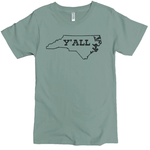 The NC Yall Graphic Tee by Spiritex | Sustainable Apparel is an organic cotton crewneck in sage green, featuring a bold North Carolina outline with YALL printed large inside.