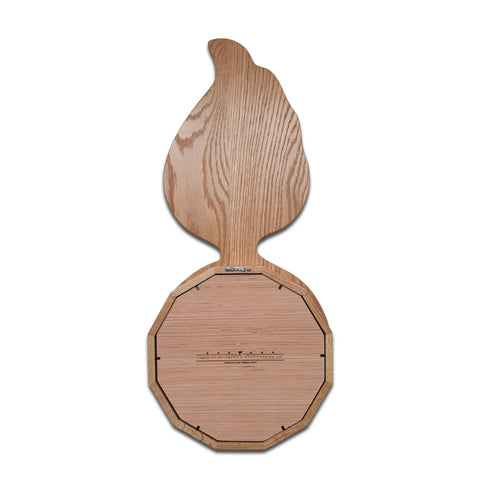 The Oak Ammo Pisspot Shadow Box by Legacies of America Woodworking Company features a flame-shaped oak hardwood form above an octagonal base with engraved markings and text, shown against a white background.