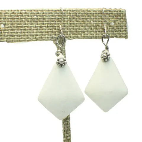 Ocean-Inspired White Diamond Sea Glass Earrings With Silver Flower Michelle Marie Boutique  Earrings