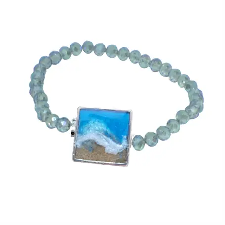 Ocean Wave Crystal Stretch Bracelet 1 Inch Square Focal – Beach Sand Jewelry – Handmade in USA with Blue Green Accents Michelle Marie Boutique  Bracelets