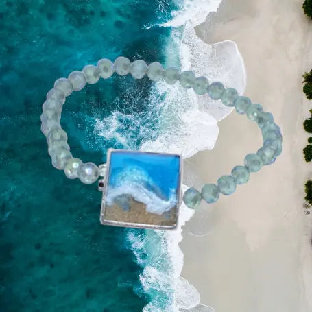 Ocean Wave Crystal Stretch Bracelet 1 Inch Square Focal – Beach Sand Jewelry – Handmade in USA with Blue Green Accents Michelle Marie Boutique  Bracelets
