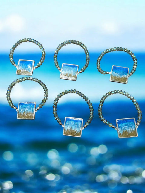Ocean Wave Crystal Stretch Bracelet 1 Inch Square Focal – Beach Sand Jewelry – Handmade in USA with Blue Green Accents Michelle Marie Boutique  Bracelets