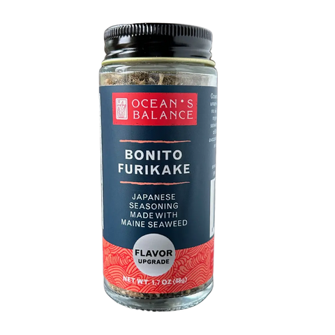 A 1.7 oz (48g) jar of Ocean’s Balance Bonito Furikake, a Japanese rice seasoning made with regeneratively farmed Maine seaweed. The jar has a black lid and a bold red/blue label with white text.