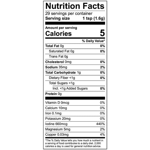 Nutrition facts for Ocean’s Balance Bonito Furikake: per 1 tsp (1.6g)—5 cal, 0g fat, 35mg sodium, 1g carbs, <1g sugar, 20mg potassium, and 660mcg iodine (440% DV). Made with regeneratively farmed seaweed.