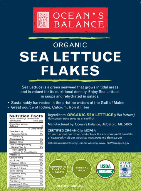 Front label of Oceans Balance Organic Sea Lettuce Flakes displays nutritional facts, product details, and icons for USDA Organic and Maine Made, highlighting sustainably harvested seaweed flakes from the Gulf of Maine.