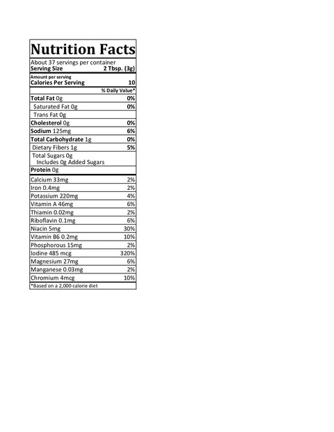 Oceans Balance Organic Wakame Flakes nutrition label: 37 servings/container, 2 Tbsp (3g)/serving, 10 calories, 0g fat, 0mg cholesterol, 125mg sodium, plus key vitamins/minerals. Sustainably sourced from Gulf of Maine seaweed.