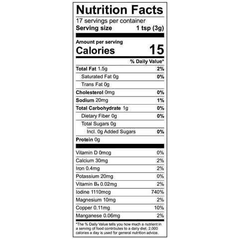 Oceans Balance Truffle Furikake has 17 servings per container (1 tsp/3g each), with 15 calories, 1.5g fat, 20mg sodium, and 1g carbs per serving—an ideal vegan seaweed seasoning for your meals.