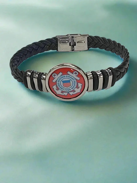 Officially Licensed Coast Guard Black Braided Leather Bracelet – Stainless Steel Accents | American Made Accessory Michelle Marie Boutique  Bracelet