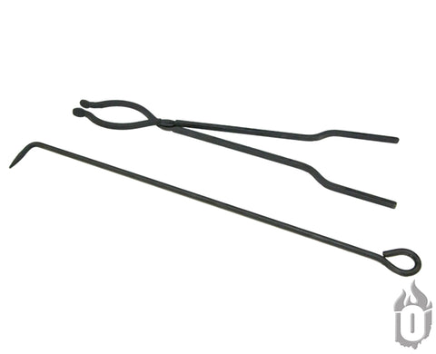 The Ohio Flame Fire Tools Package includes handcrafted campfire tongs with curved handles and a fire poker with a hooked end, both displayed on a white background.