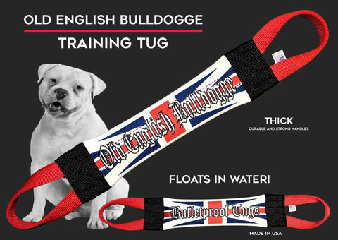 A white Old English Bulldogge sits beside a Bulletproof Pet Products Inc Old English Bulldogge Fire Hose Training Tug, featuring thick, durable handles, floating ability, and USA-made dog toy construction.