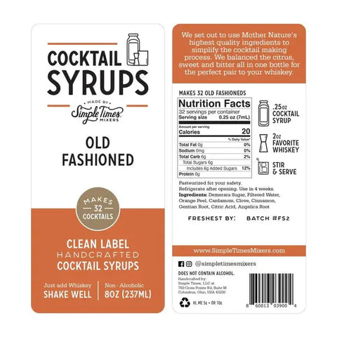 Old Fashioned Cocktail Syrup Simple Times Mixers 