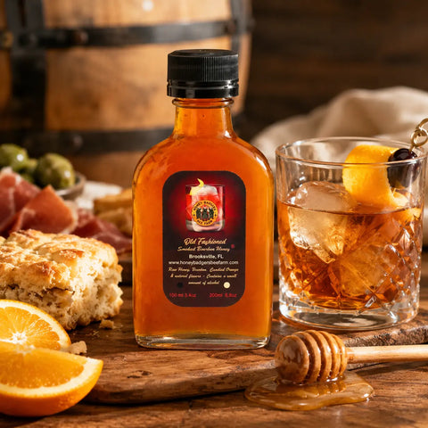 Old Fashioned Smoked Bourbon Honey 6.8oz – Raw Natural Sweetener with Bourbon Infusion | Made in USA Honey Badgers Bee Farm  Honey