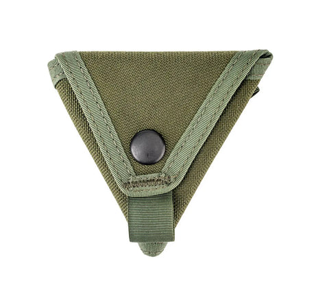 The MIS Coin Case - Olive Drab is a green, triangular pouch made of Dupont Cordura Nylon with reinforced edges, a black snap-button flap, and a small bottom strap, shown on a white background.