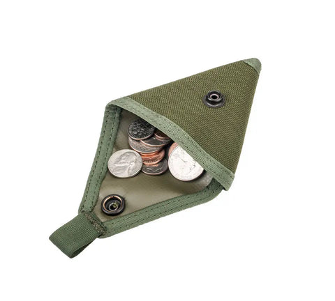 The MIS Coin Case - Olive Drab is a compact pouch made from durable Dupont Cordura Nylon, featuring a snap closure and shown partially open to display assorted coins inside.