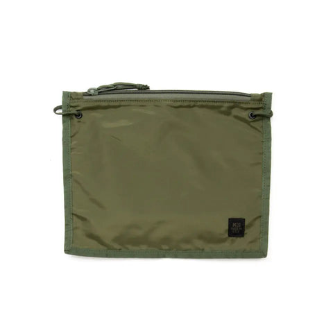 The MIS 2 Way Pouch - Olive Drab is a rectangular, water-resistant packcloth nylon pouch with a fabric texture, small black logo tag at the bottom right, zip closure, and two grommets at each upper corner.