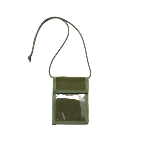 The MIS ID Passport Case in Olive Drab is a compact Cordura nylon holder with a long strap and clear front pocket, designed to be worn around the neck for convenient travel document organization.