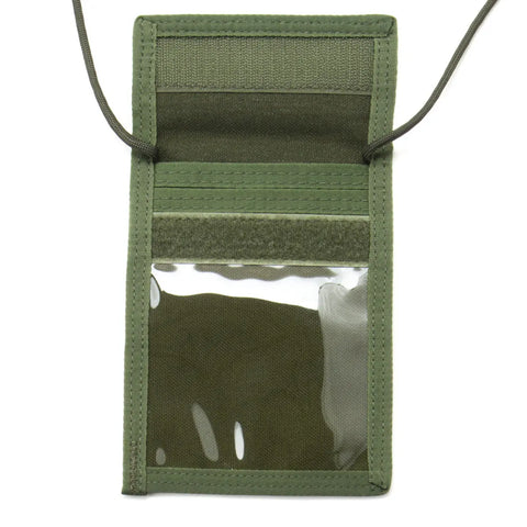 The MIS ID Passport Case in Olive Drab is a Cordura nylon neck wallet with a front transparent window and adjustable cord, ideal for holding your passport or organizing travel documents.