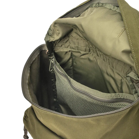 The MIS Backpack - Olive Drab features a spacious main compartment, padded laptop sleeve, interior zip pocket, and mesh pocket, all lined with matching fabric. Made from durable Cordura Nylon, the zipper is shown partially unzipped.