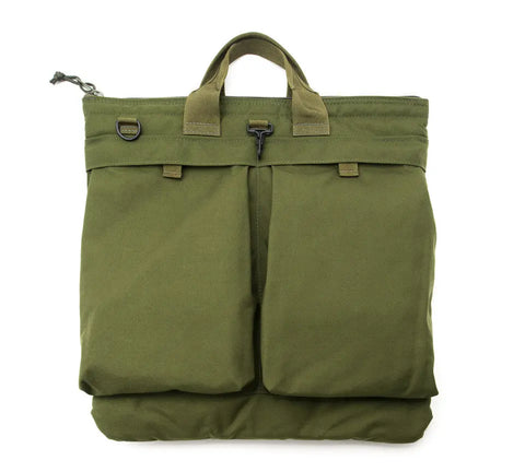 The MIS Flyers Helmet Bag With Alice Strap in olive drab is a rectangular Cordura Nylon bag with two front pockets, zipper closure, short handles, a D-ring on one side, and a minimal, durable, water-resistant design.