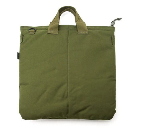 The MIS Flyers Helmet Bag With Alice Strap in Olive Drab is a square Cordura Nylon bag with two short handles, a top right zipper, and minimal details. Water-resistant, stylish, and practical for everyday use.