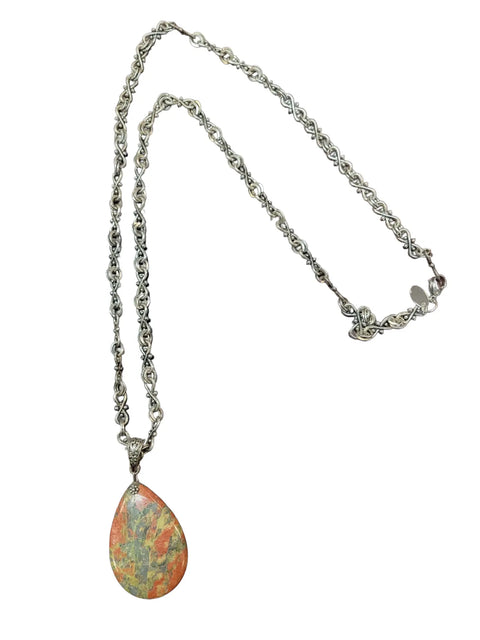 Olive Unakite Teardrop Pendant Long Necklace on Silver Chain Michelle Marie Boutique  Necklace