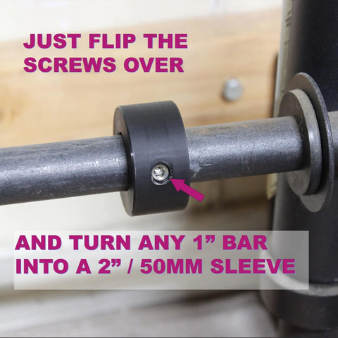 The Weight It Out Olympic Plate to Standard Bar Adapter (2 to 1) features a black sleeve adapter with visible screw—just flip it over to convert any 1 bar to fit 2/50mm Olympic plates, perfect for home gym durability and versatility.