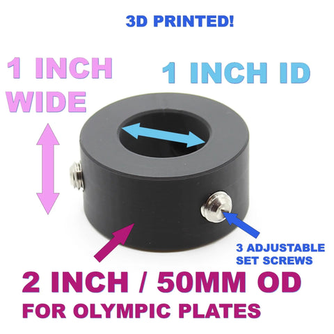 The Weight It Out Olympic Plate to Standard Bar Adapter (2 to 1) is a black 3D-printed ring with a 2-inch outer diameter, labeled “1 inch ID” and “1 inch wide,” featuring three adjustable set screws for secure home gym use.