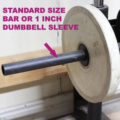 A close-up of the Weight It Out Olympic Plate to Standard Bar Adapter (2 to 1)—ideal for home gyms. A magenta arrow points to the adapter, highlighting its fit for standard size bars or 1-inch dumbbell sleeves.