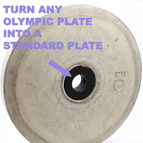 A metal Olympic weight plate features the Weight It Out Olympic Plate to Standard Bar Adapter (2 to 1) in its center. Purple text reads, “TURN ANY OLYMPIC PLATE INTO A STANDARD PLATE,” with an arrow highlighting the adapter’s durable build.