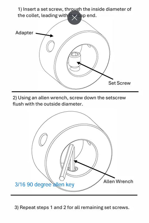 Two diagrams show how to use an Allen wrench to insert and tighten a set screw in the Weight It Out Olympic Plate to Standard Bar Adapter (2 to 1) for secure, durable attachment in home gyms.