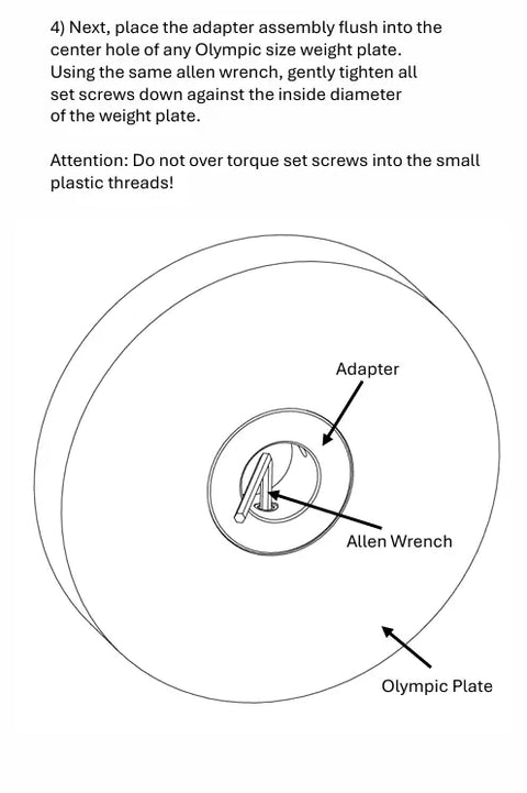 Diagram displays the Weight It Out Olympic Plate to Standard Bar Adapter (2 to 1) installed in the center hole of an Olympic plate, using an Allen wrench to tighten set screws. Labels identify adapter, wrench, and plate.
