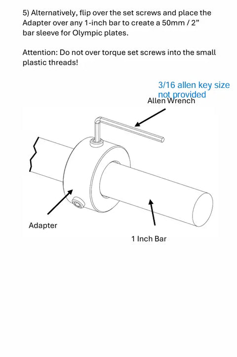 Line drawing shows the Weight It Out Olympic Plate to Standard Bar Adapter (2 to 1) on a 1-inch bar with a 3/16” Allen wrench inserted; labels identify parts. Fits home gym gear, ideal for switching Olympic plates (Allen key not included).