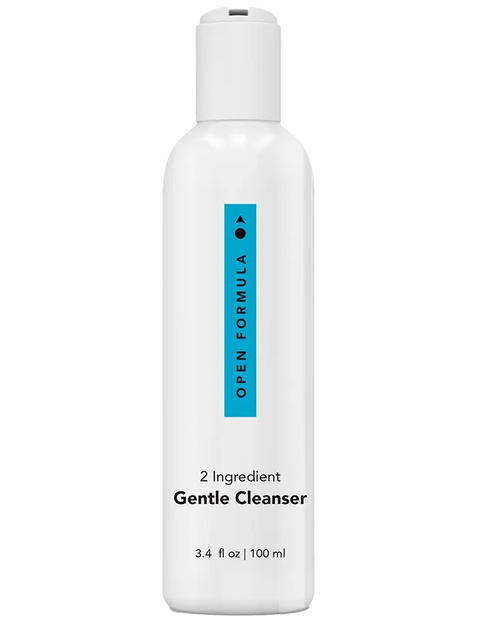 A white bottle of Open Formula Gentle Cleanser with a flip-top cap and blue label. The 3.4 fl oz (100 ml) cleanser is ideal for sensitive skin, gently cleansing without irritation.