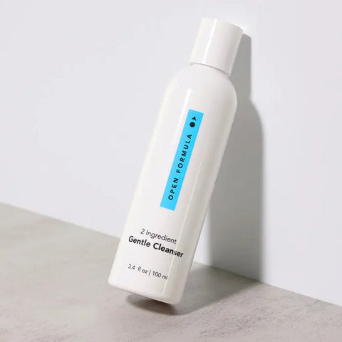 A white 3.4 fl oz (100 ml) Open Formula Gentle Cleanser bottle stands upright on a light gray and white background—perfect as a foaming cleanser for sensitive skin and deep pore cleansing.
