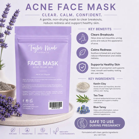 Organic Acne Face Mask 1 oz – Tea Tree, Lavender & Calendula Clay Detox Treatment | Made in USA Taylor Made Organics  face mask