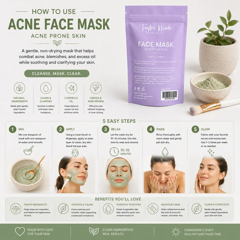 Organic Acne Face Mask 1 oz – Tea Tree, Lavender & Calendula Clay Detox Treatment | Made in USA Taylor Made Organics  face mask