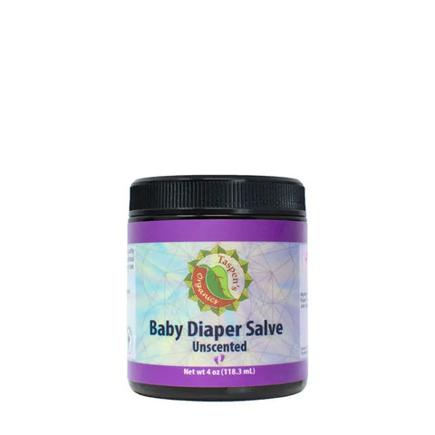 A 4 oz (118.3 mL) jar of Taspens Organics Baby Diaper Salve, an organic, unscented diaper rash cream with a black lid, purple label featuring a green leaf logo and product info.