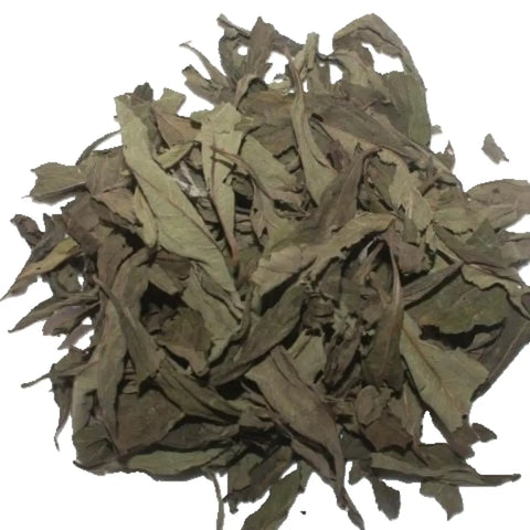 A pile of dried, crumpled green leaves of Forev'Herbs Organic Bulukutu Herbal Tea, perfect for brewing, is isolated on a white background.