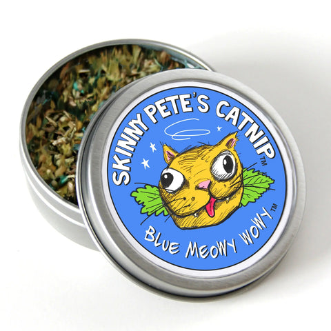 Skinny Petes Gourmet Catnip Three Piece Gift Set features a round tin with a colorful cartoon cat label and loose organic catnip inside—an ideal natural cat toy or gourmet gift for your feline friend.
