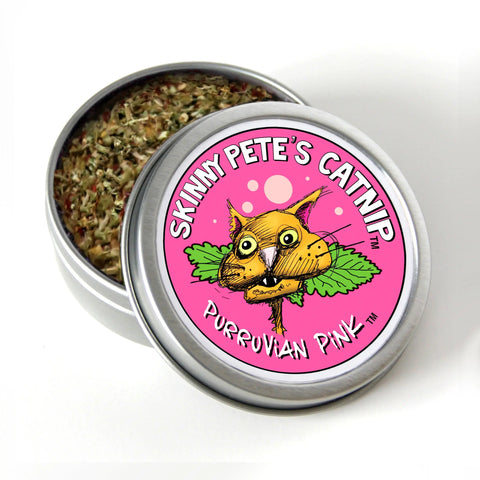 A round tin from Skinny Petes Gourmet Catnip, part of the Three Piece Gourmet Catnip Gift Set, features a cartoon cat on the lid and contains organic catnip—ideal as a gourmet gift or to pair with your cat’s favorite toy.