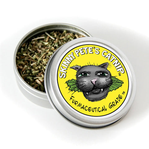 A round tin from Skinny Petes Gourmet Catnip’s Three Piece Gourmet Catnip Gift Set, with a partially open lid featuring a cartoon cat face and “SKINNY PETES CATNIP - Furmaceutical Grade” on yellow—a purrfect gourmet gift or special cat toy.