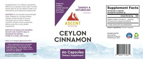 Organic Ceylon Cinnamon, 60 Capsules, 1200 Mg AscentNutrition  simple
