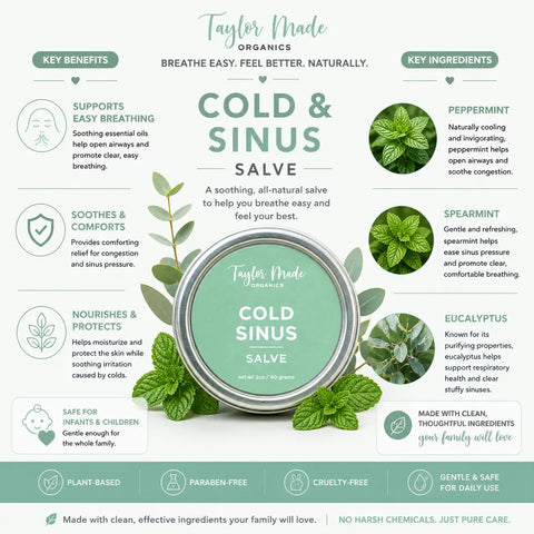 Organic Cold and Sinus Relief Salve 2oz – Peppermint Eucalyptus Blend for Respiratory Care | Made in USA Taylor Made Organics  therapeutic salve