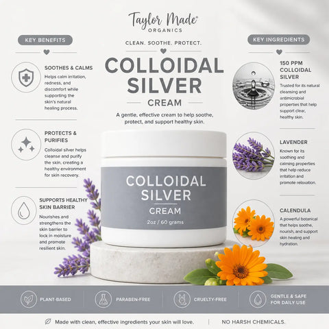 Organic Colloidal Silver Moisturizing Cream 2oz – Soothes Sensitive Skin – Taylor Made Organics | Made in USA Taylor Made Organics  therapeutic cream