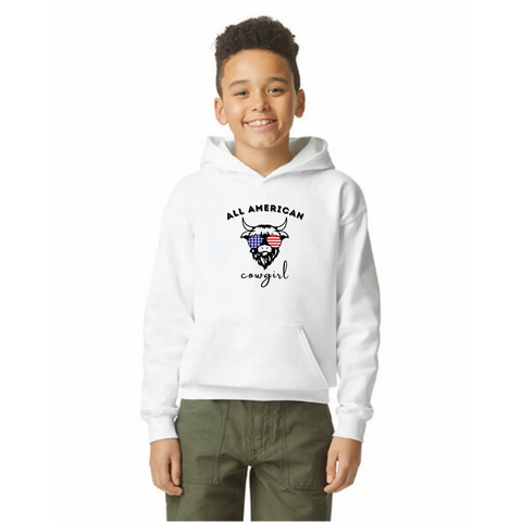 Organic Cotton All American Cowgirl Unisex Hoodie – Patriotic USA Made Pullover Suede Kloth 