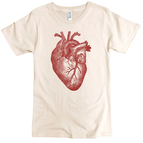 The Spiritex | Sustainable Apparel Anatomical Heart Graphic Tee is a cream organic cotton crewneck featuring a bold red anatomical heart graphic on the front.