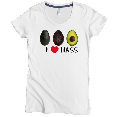 The I Love Hass Graphic Tee by Spiritex | Sustainable Apparel is a white women’s t-shirt made from 100% organic cotton, featuring three Hass avocado images and “I ♥ HASS” text—perfect for avocado lovers!.