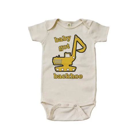 The Baby Got Backhoe Graphic Bodysuit by Spiritex | Sustainable Apparel is a cream organic cotton baby bodysuit with a yellow cartoon backhoe and baby got backhoe on the front—gentle for sensitive skin.