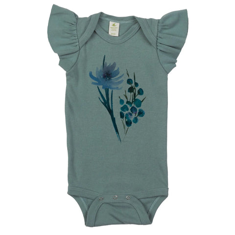 Organic Cotton Baby Bodysuit With Ruffle Sleeves – Floral Print | Made in USA Spiritex | Sustainable Apparel  Short Sleeve Snappie