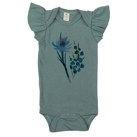 The Spiritex | Sustainable Apparel Graphic Ruffle Sleeve Snappies is a sage green organic cotton bodysuit with blue floral print, ruffled short sleeves, and bottom snaps—gentle on sensitive skin.
